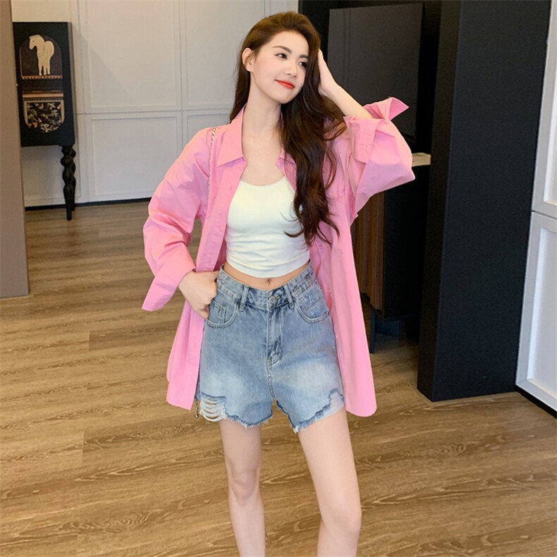 春季新款时尚休闲简约女装宽松显瘦纯色百搭单排扣翻领中长款衬衣,女装衬衫,江南