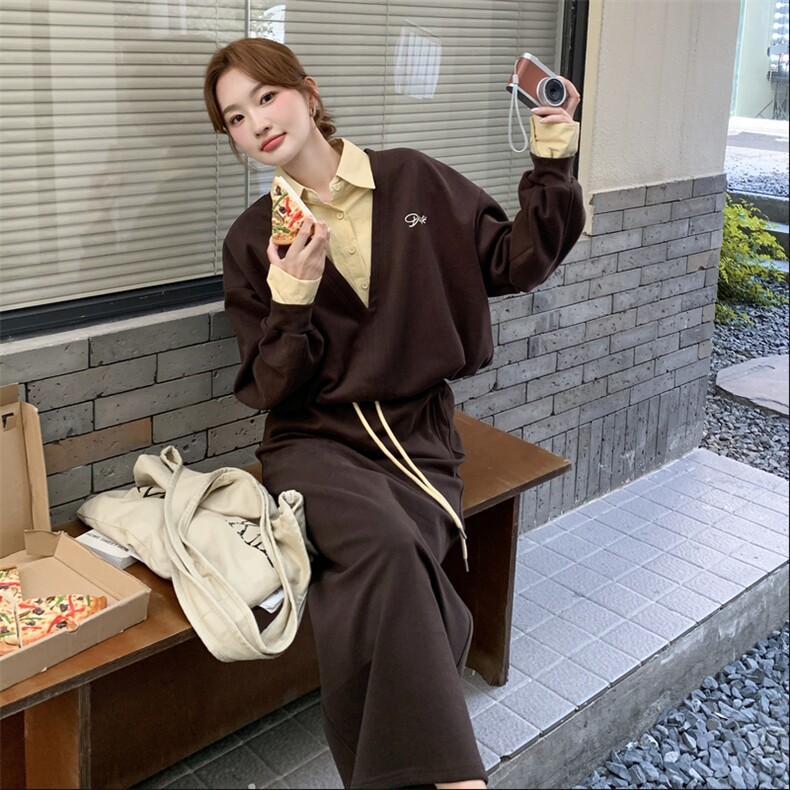 咖色衬衫拼接假两件卫衣套装裙女2025秋新款复古显瘦半身裙两件套,女装套装/套裙,2C275