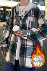 冬款呢料格子磨毛连帽衬衫男加绒加厚衬衣外套J25858J加绒-P60，男装衬衫，电商A001-1