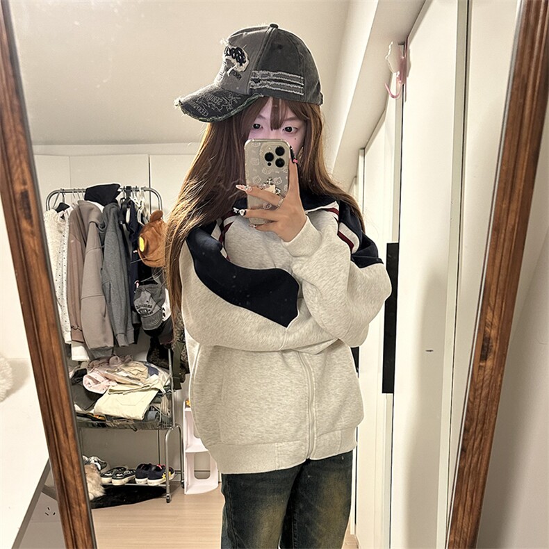 抖音得物高品质26春装美式高街重磅织带拼接撞色立领卫衣外套CM41,女装短外套,电商A486