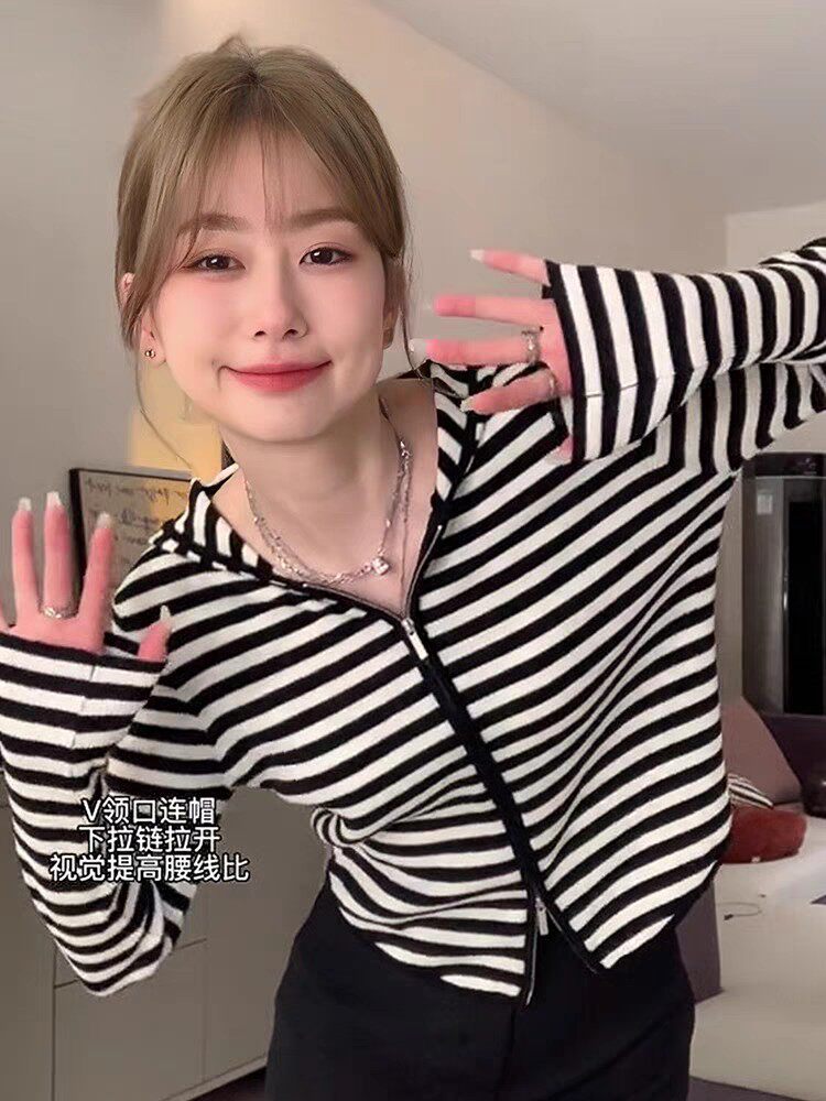 2025年春季开衫长袖圆领时尚气质条纹针织衫，女装针织衫/毛衣，昂家羊绒