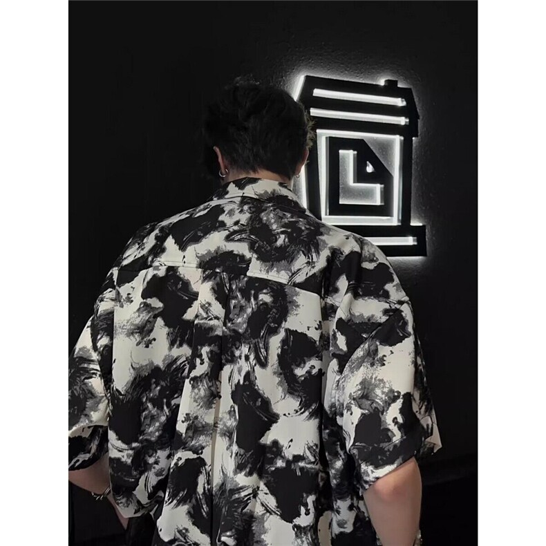 水墨复古衬衫男夏装港风学生宽松趣味男装上衣外穿CSS384P40,男装衬衫,电商D256-2(原A064-2)