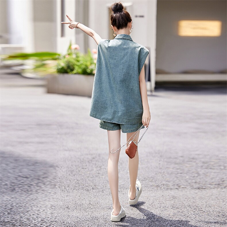 不规则收腰牛仔衬衫短裤套装女夏2025新款巨好看流行两件套酷飒,女装套装/套裙,大掌柜
