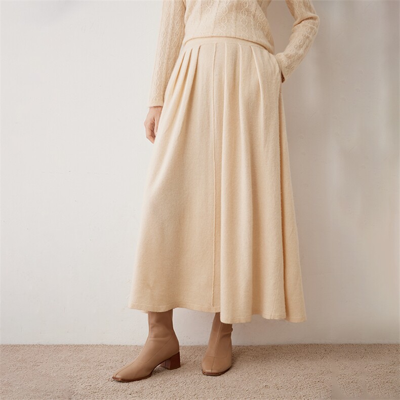 针织半身裙女秋冬新款高腰中长款a字裙毛线裙子，女装半身裙，雪山红莲