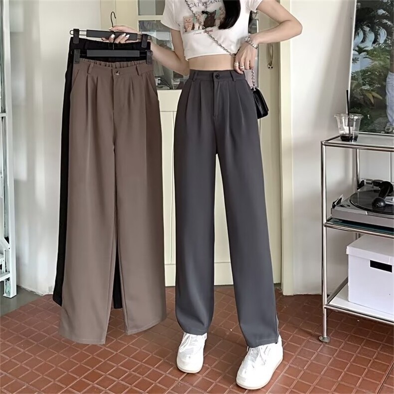 灰色西装裤垂感高腰显瘦休闲直筒裤小个子阔腿裤女,女装休闲裤,中性港风女装