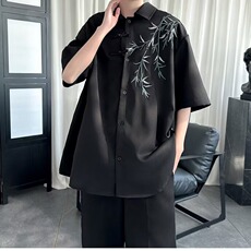 C296-P35新中式风盘扣刺绣短袖衬衫男装高级感唐装外穿衬衣，男装衬衫，电商B323A