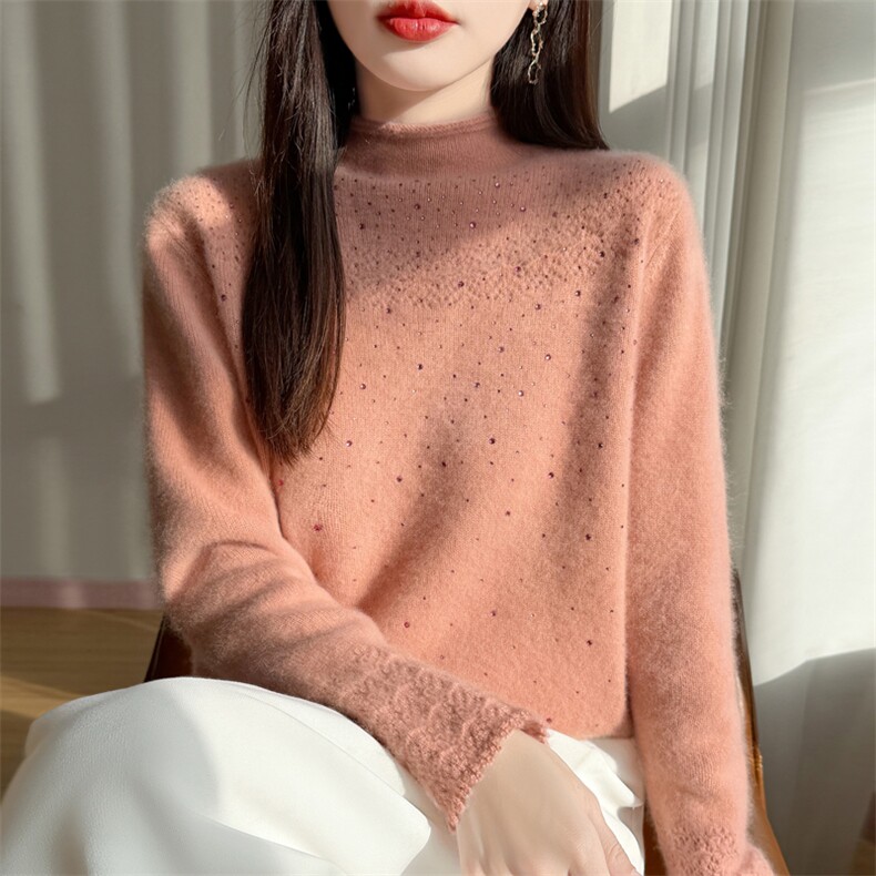 2025年秋季时尚百搭通勤简约休闲加厚镂空卷边半高,女装羊毛衫,大美人高端店