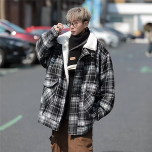 格子毛呢大衣男冬季2024新羊羔毛棉衣外套加绒加厚翻领棉袄 M9017图片