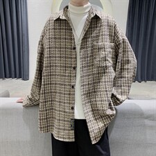 加厚毛呢衬衫男外套韩版宽松潮流帅气慵懒风秋冬格子衬衣DX125P60,男装衬衫,电商B413-1