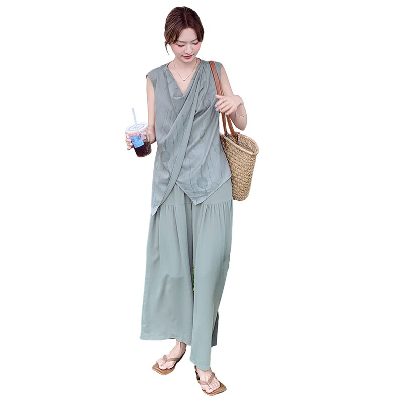 气质松弛感休闲套装女2025年夏季新款荡领背心阔腿裤高级感两件套,女装套装/套裙,2C169