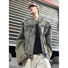 做旧水洗垫肩短款拼接牛仔外套潮牌金属设计感无领夹克男JN1224，男装工装外套，星座1116A（原606A-3）