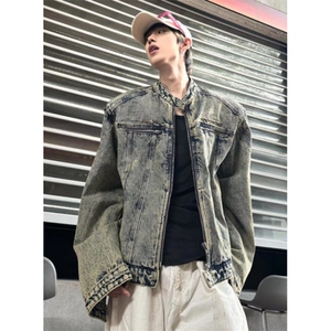 做旧水洗垫肩短款拼接牛仔外套潮牌金属设计感无领夹克男 JN1224图片