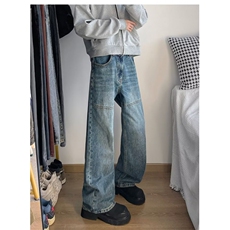 秋季新款高街轻工装结构拼接线显腿长美式复古宽松阔腿直筒牛仔裤，男装休闲裤，星座1013
