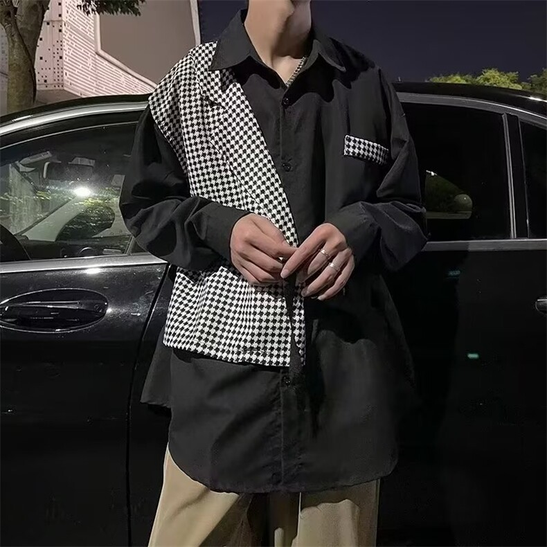 韩版高级感撞色西装领设计假两件衬衫男INS痞帅CS631-P36,男装衬衫,星座1109-3