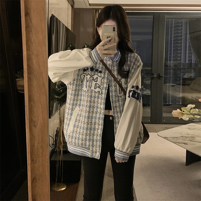 美式棒球服女秋冬刺绣拼接皮袖复古夹克情侣宽松翻领外套C669-75,男装夹克,星座911-2(原星座613-2）