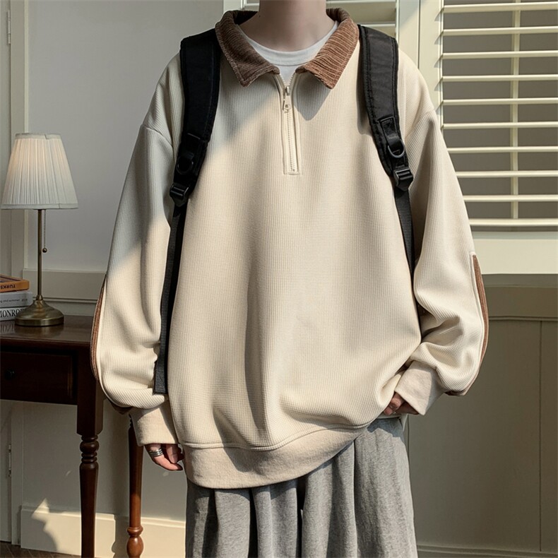 半拉链翻领卫衣男春秋季青少年重磅美式潮牌华夫格拼接撞色外套衫，男装卫衣，电商A018