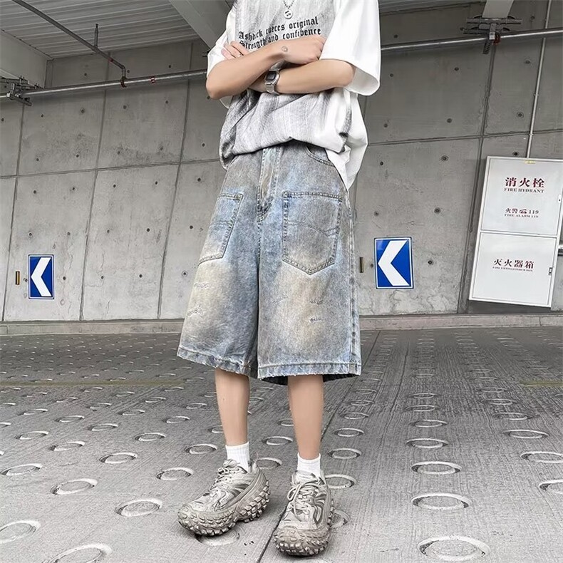 夏季多口袋薄款纯色简约宽松工装短裤男士五分休闲潮牌,男装牛仔裤,星座716-3