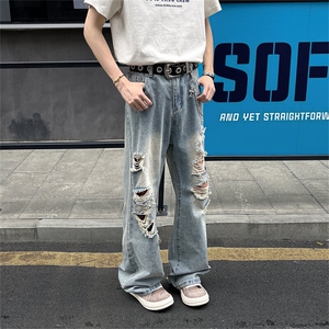 美式破洞牛仔裤男2025新款夏季薄款高街痞帅宽松阔腿裤N04125-P45图片