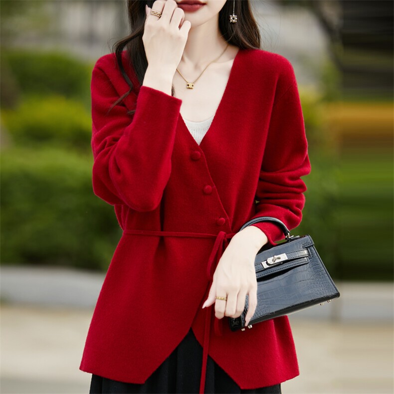 交叉V领100%羊毛开衫女长袖针织外套毛衣宽松羊绒衫系带外搭上衣,女装羊毛衫,忠诺羊绒