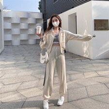 初恋温柔奶杏色2022年春秋新款字母撞色时尚运动休闲套装两件套女,女装运动套装,艾乐芳, 初恋温柔奶杏色2022年春秋新款字母撞色时尚运动休闲套装两件套女,女装运动套装,艾乐芳,