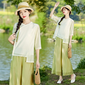 新中式套装女2025新款夏季民族风优雅宽松显瘦小衫阔腿裤两件套潮，女装套装/套裙，水衣源