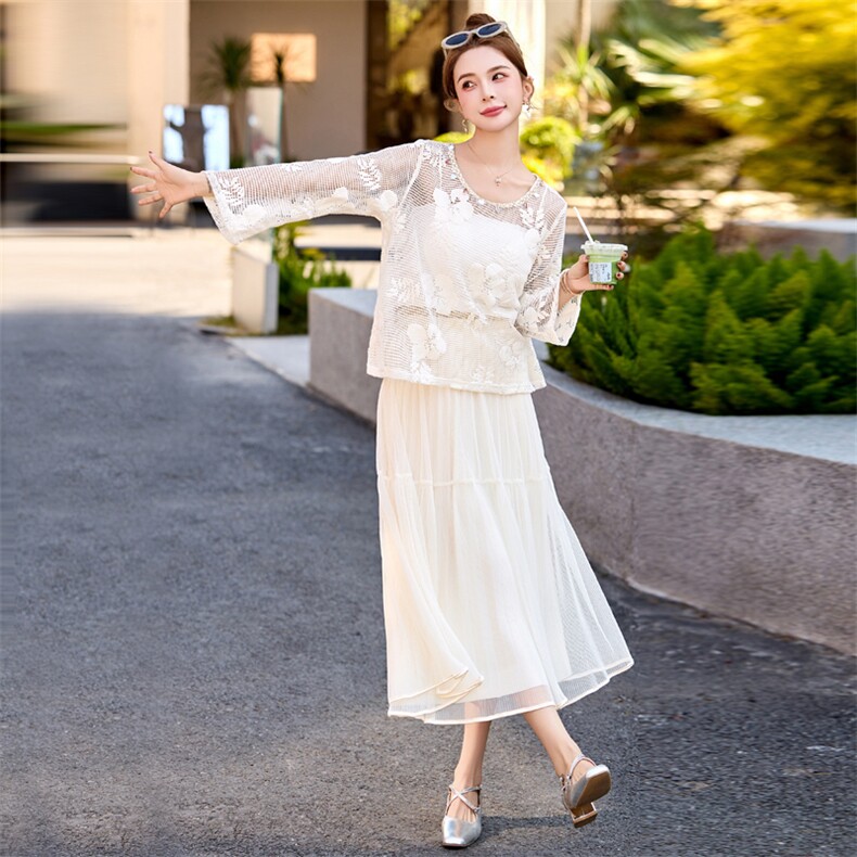 小香风套装女2025春夏新款防晒蕾丝上衣波西米亚网纱半身裙两件套,女装套装/套裙,意芙