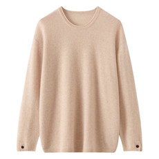 慵懒风卷边圆领山羊绒针织毛衣女宽松长袖针织100%羊绒衫，女装针织衫/毛衣，镁纯羊绒