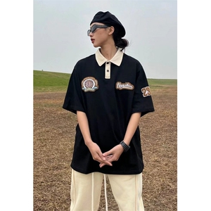 WE1703-P21日系复古简约刺绣短袖POLO衫男潮牌街头