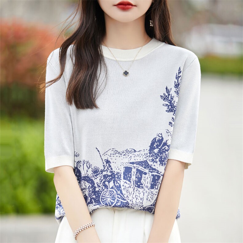 莱赛尔针织撞色提花短袖女T恤2025新款上衣半袖打底衫复古洋气t恤，女装T恤，暖烁羊绒