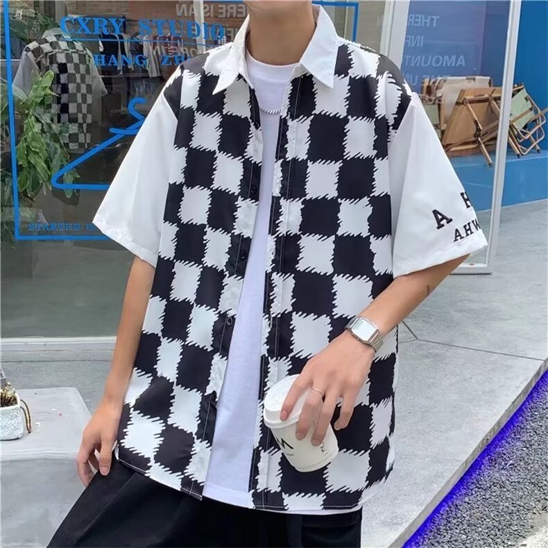 夏季宽松型潮流ins五分袖衬衫新款格子潮流衬衣外套男W7194-P34,男装衬衫,星座512-2