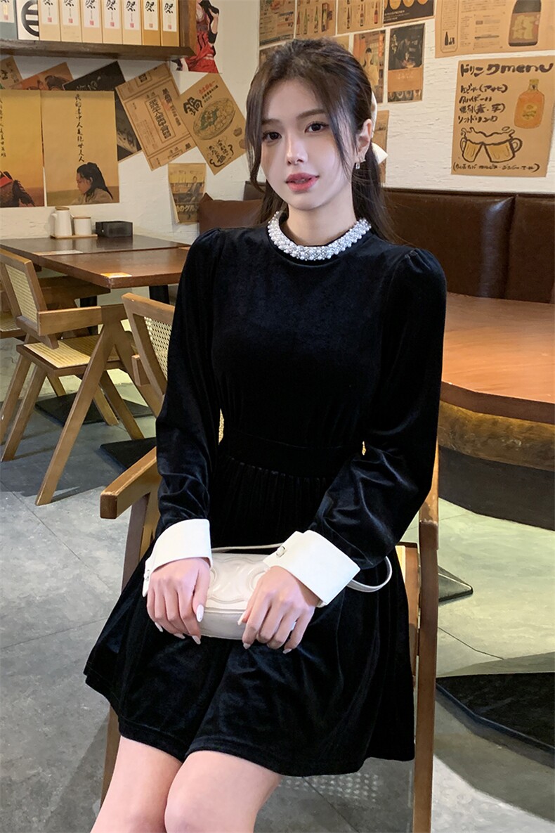 【现货】1C128-6601-圆领珍珠丝绒高腰A字连衣裙P100-K165,女装连衣裙,2D148