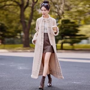 2024秋冬新款复古重工刺绣新中式双面呢子大衣女长款过膝毛呢外套图片