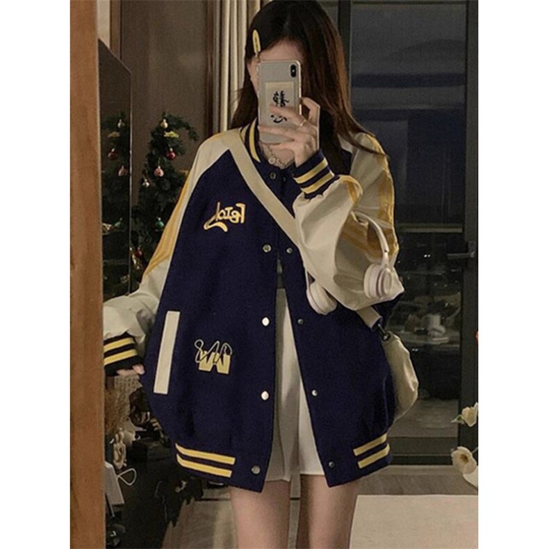 复古条纹撞色棒球服女潮牌宽松春秋插肩袖外套夹克JK005,男装夹克,星座1116A（原606A-3）