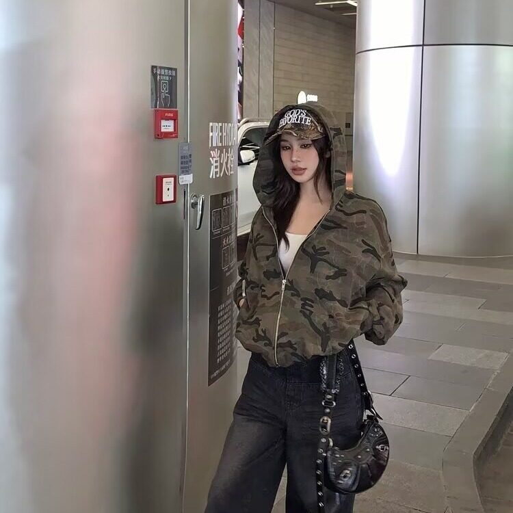 迷彩连帽短款卫衣女2025秋冬加绒宽松甜酷风外套潮JKS451,女装短外套,星座516A