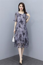 大花圆领高腰套头A字裙短袖中长款连衣裙2021夏季，商品下架区，华秀衣