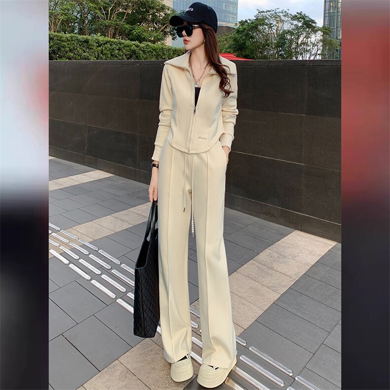 韩版休闲时尚运动套装女春季新拉链刺绣翻领卫衣阔腿裤两件套减龄图片