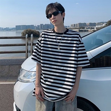 夏季宽松美式复古潮牌条纹短袖男女潮流情侣百搭T恤衫CA2055-p40，男装T恤，星座1008