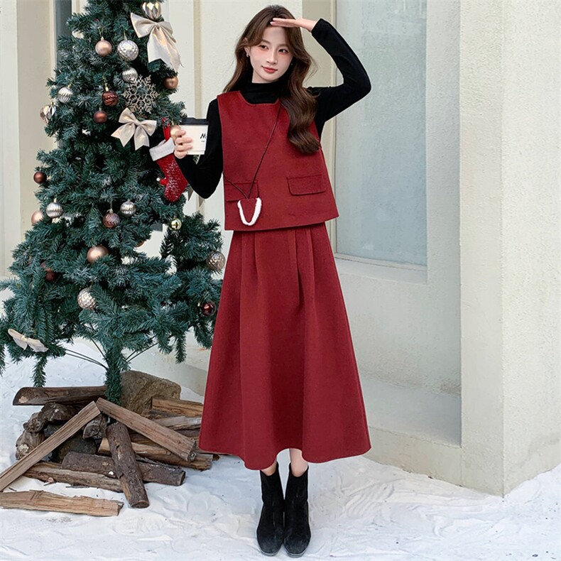 2026年春季法式时尚潮流舒适洋气带高级感磨毛呢马甲三件套裙，女装套装/套裙，超帛