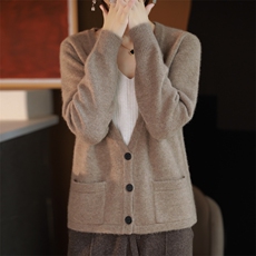 长袖V领纯色2024年秋季单排扣羊毛针织衫，女装羊毛衫，羿纯羊绒