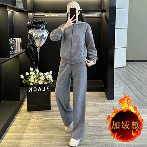 设计感纯色拼接收腰卫衣阔腿裤两件套图片