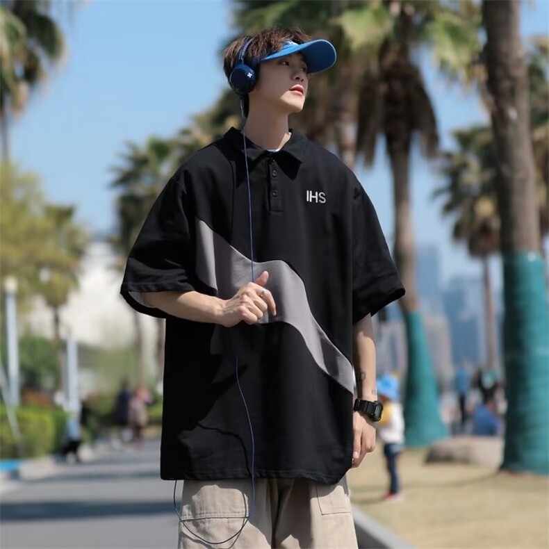 POLO衫2023潮流男新款原宿夏季慵懒拼接五分袖潮T恤WB056-P30,男装T恤,星座412