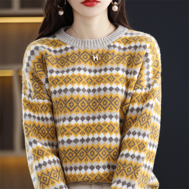 长袖套头羊毛2024年秋季圆领条纹时尚气质，女装羊毛衫，冀清阳荣