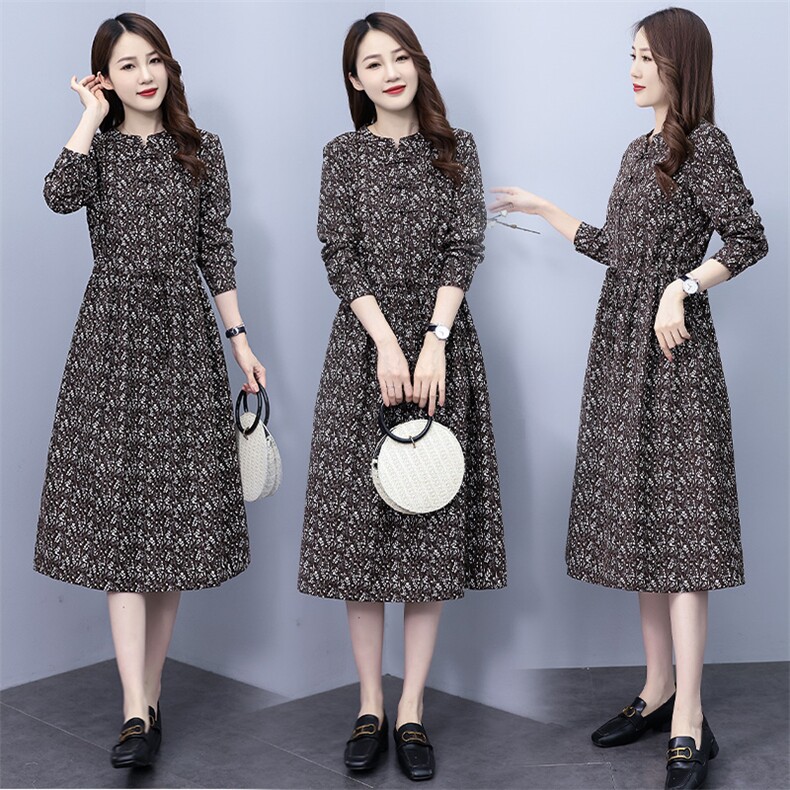 文艺复古碎花长袖连衣裙女春秋2023新款时尚减龄修身收腰过膝长裙，女装连衣裙，凝聚力