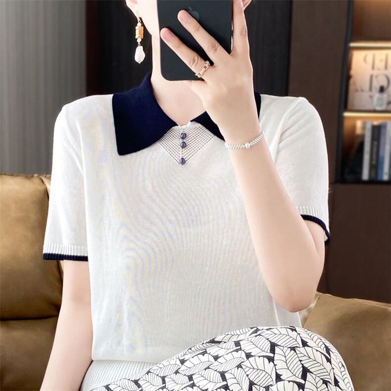 翻领冰丝短袖针织衫女夏季薄款设计感钉珠拼色POLO衫T恤打底上衣,针织衫/毛衣,暖姿羊绒