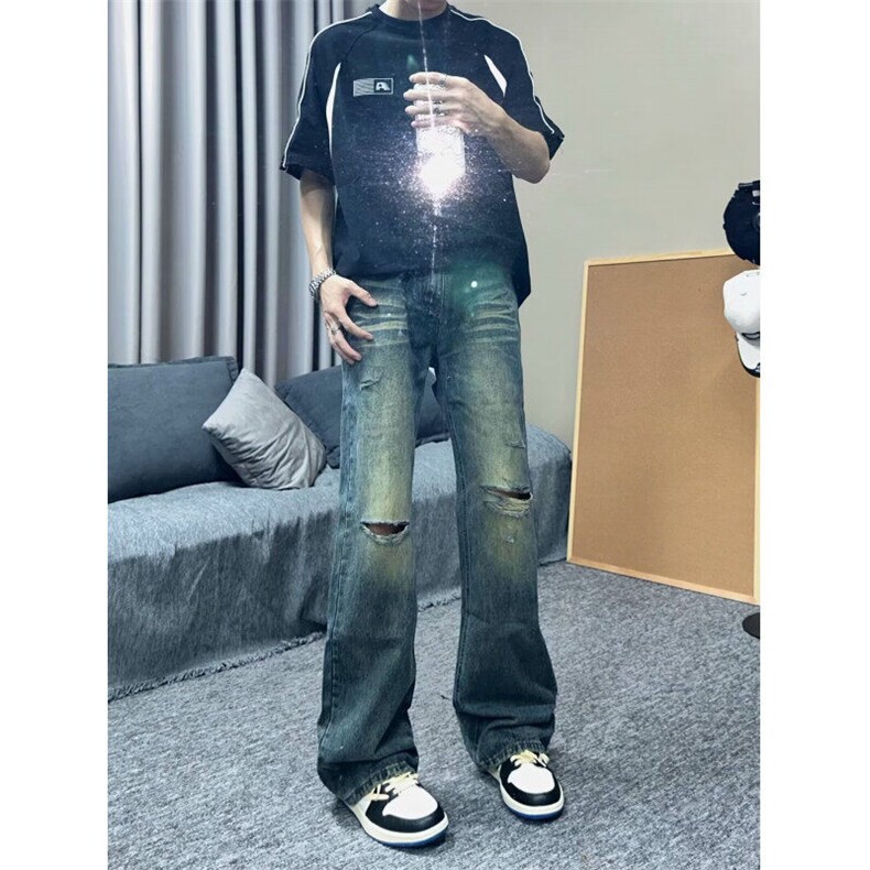 DA190-P48破洞牛仔裤男潮宽松直筒割破乞丐水洗做旧微喇叭裤子,男装牛仔裤,星座603-2