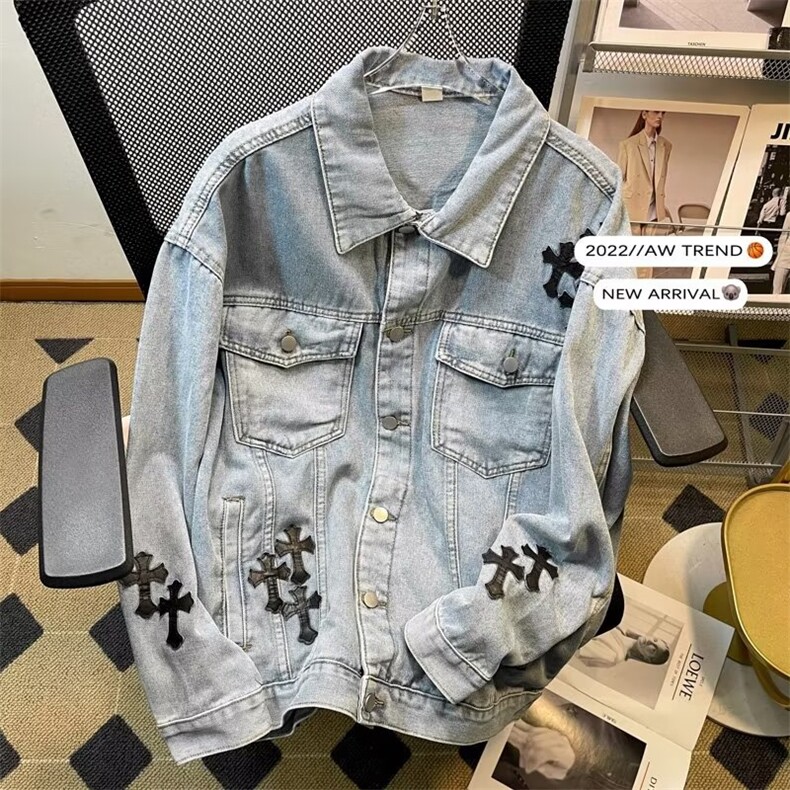 欧美街头十字架牛仔外套男高街潮流宽松上衣情侣装夹克W4493-P66，男装大码男装，星座412-2