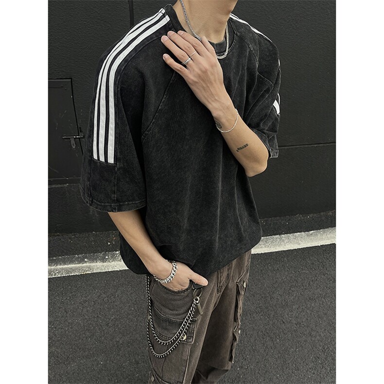 抖音得物高品质240克美式复古潮牌做旧水洗三条杠织带短袖T恤YQ45,男装T恤,电商A486-1
