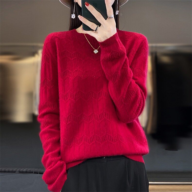 时尚百搭圆领花型羊毛针织衫女秋冬必备保暖毛衣,女装羊毛衫,隆格羊绒