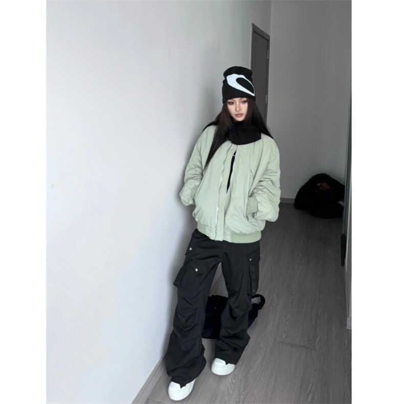（现货）豆绿色大拉链口袋男女棉服立领棉衣,男装棉衣,星座807