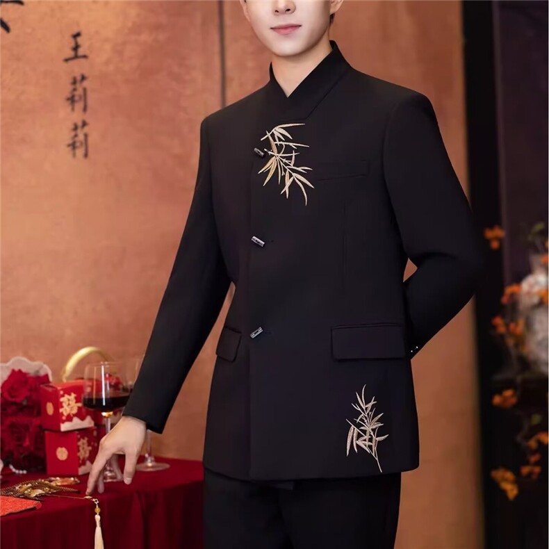大码春秋中山装立领刺绣西服新中式休闲西装男外套便服上衣-XY330图片